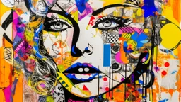 A mixed media collage featuring an abstract female figure with expressive eyes, adorned in vibrant patterns and symbols that evoke emotion., focus on face, isolated background, color splashes, scribbles, pen strokes, collage style, mixed media collage, scrapbook aesthetic, yellow-orange black purple pink white tones, vintage paper textures, hand drawn elements, playful use of shapes, bold shadows, whimsical atmosphere, textured brushstrokes, monochromatic palette, light pastel colors --ar 1:2 --