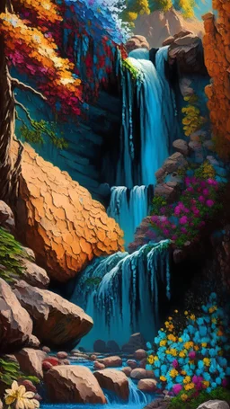 Giant waterfall, trees, colorful flowers, big stones, Van Gogh Style, high detail, cinematic angle