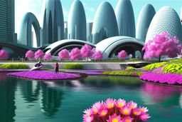 Futuristic city, people, pond, flowers