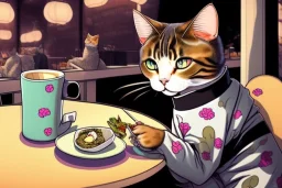 A cat wearing clothes is sitting at a table eating sushi. Manga style. Perfect iris. Paws. Mug with cat face