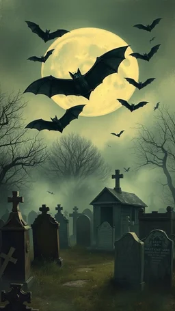 vintage style painting of an old grave yard with bats hovering above the graves with foggy an aerial view