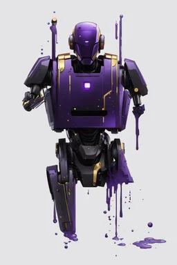 Human Like Cyborg, Royal purple and Gold, Combat Robot, Dangerous, Strong, Destroyed, Inside a Vat of Liquid