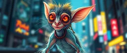 transparent gremlin sleek weasel rasta man with cute fur, in big cyberpunk city crossover, volume light and motion blur, airbrush and pen outline
