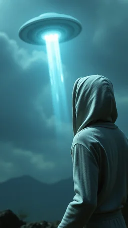 The creature from the the movie Prometheus with white hooded clothes looking at ufo in the sky
