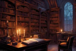 Wizard's study, bookcases, magic. sunlight. candles. fantasy concept art, Mark Brooks and Dan Mumford, comic book art, perfect, smooth