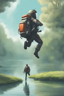 [scifi] A man in jetpack around a pond