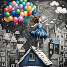 A girl in a blue dress standing tippy toe on the roof of building in chalk-drawn cityscape on a black board, holding a bunch of colorful primary colored balloons.She is standing on the roof of one of the houses, She appears carefree, soaring amidst the whimsical, artistic backdrop of houses.