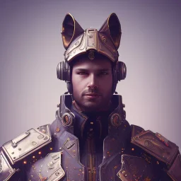 A steampunk soldier Armor wearing Fox,cyberpunk, character design,ultra realistic,shiny, smooth, studio quality, octane render, Surrealism, Triadic colour scheme,ambient lighting polaroid, 100mm