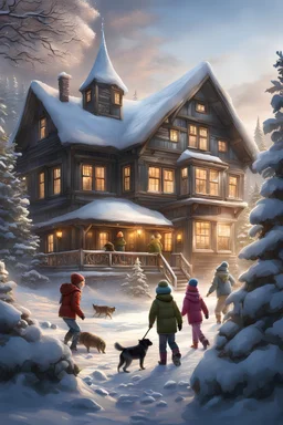 Children's playing with snowballs , laponia cottage in background, dynamic light and shadow, mid-angle , intricate details, very detailed scene with intricate details, realistic, natural colors, highly detailed, perfect composition, beautiful detailed intricate image , insanely detailed 32k artistic photography, photorealistic concept art, soft natural volumetric cinematic perfect light
