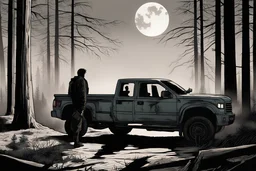 pickup truck, rear, forest, standing, silhouette, comic book,post-apocalypse, gray background, night time, cabin, tree branches,