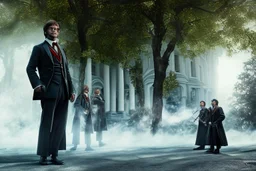 realistic Harry Potter and Dumbledore standing in front of white house