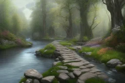  winding stone path lit river