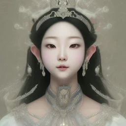 smooth hyper realistic, beautiful smiled Japanese goddess in crown, pale colors, dark cosmos background, cat еye, extremely sharp detail, finely tuned detail, ultra high definition, 8 k, unreal engine 5, ultra sharp focus, accurate sword wings, positive smile, lot of details, fit within portrait, Ambiance winter, perfect composition, perfect hair, perfect hands, finger up gestures