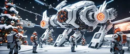 a close-up photo behind space station mechanics, they are looking at gigantic freezing icy mechanical falcon, 3 mechanics busy configuring the gigantic falcon robot, RTX gaming computer, Gigabyte Aorus Brand, Christmas tree, Christmas gifts, Christmas lights, 3d render, 4k high definition, small details upgraded, realistic, sci fi, white colors