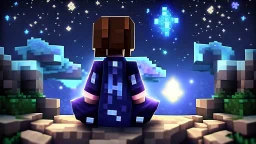 Minecraft Character, minecraft theme, purple starry sky, meditating, facing back, wearing gown, chinese theme, minecraft style