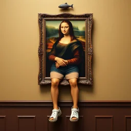 A painting of Mona Lisa on the wall, the frame with shorts and Crocs attached to her human legs