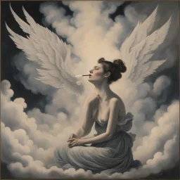 women sitting forward Her face turned upwards and blows cigarette smoke from their mouth. It depicts a figure with wings emerging from its back. behind the clouds of smoke seen death.