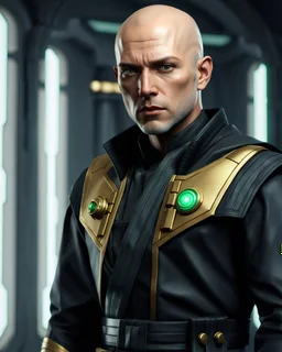 star wars bald male corellian jedi pilot wearing black and gunmetal grey old republic armored robes with gold trim inside the jedi temple holding a lightsaber with viridian green blade in left hand, centered head and shoulders portrait, hyperdetailed, dynamic lighting, hyperdetailed background, 8k resolution, volumetric lighting, light skin, fully symmetric details