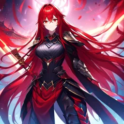 girl, masterpiece, best quality, cinematic lighting, detailed outfit, perfect eyes, long hair, red hair, red eyes, vibrant colors, armored clothes,