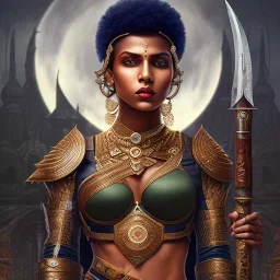 fantasy setting, woman, dark-skinned, indian, ranger, 23 years old, one side shaved, half-hawk haircut, head shaved on right