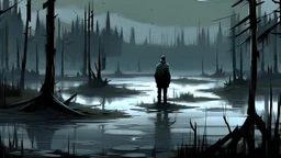 мужчина стоит в болоте the long dark
