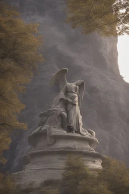 A large statue on a cliff of a crying angel