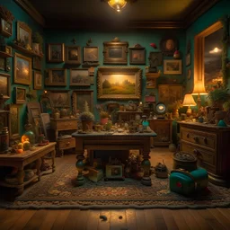 Diorama of old stuff in a room, sharp focus, 8k, 3d, very detailed, volumetric light, grim, fine art, very colorful, ornate, 35mm, F/2.8, insanely detailed and intricate, hypermaximalist, super detailed, decadent