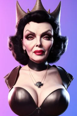 Joan Collins as evil queen in black leather, leather, busty, cleavage, angry, stern look. character design by cory loftis, fenghua zhong, ryohei hase, ismail inceoglu and ruan jia. unreal engine 5, artistic lighting, highly detailed, photorealistic, fantasy