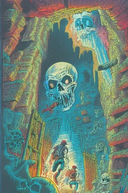 ,Digital illustration of horror genre comic book cover from the 1980s, giant larger than life skeleton picks up tiny humans as they try to run away from inside the cave, macabre, gorey, 1970 illustration art style, absurdist, conye.color pencils, ink, counter culture, dystopian, retro futuris. 90s riot girl look, punk aesthetics, collage, psychedelic, grime, textured, mixed media with a british pop culture influence, maximalism, feminist icon,