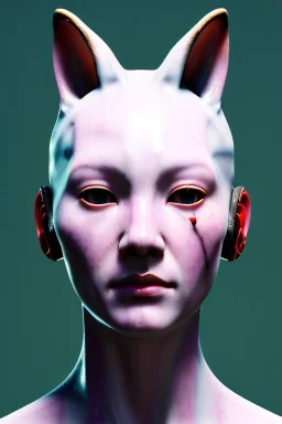 Medium Close Up Portrait, Front image. cyberpunk, rabbit mask, asian woman, short hair. Latex suit. white, pink, color. Cyborg style. Color background, photo studio. Avatar image, highly detailed, concept art, smooth, unreal engine 5, ray tracing, RTX, lumen lighting, ultra detail, volumetric lighting, 3d, finely drawn, high definition, high resolution.