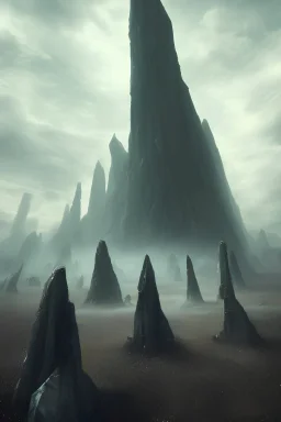 A towering eldritch monolith,in the middle of a dead field,cultists on they'r knees in worship, cinematic lighting