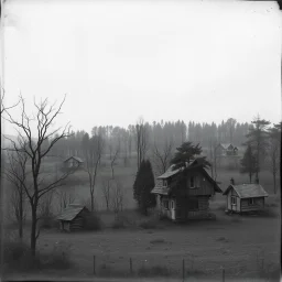 A landscape, odd black and white old photo, dystopic atmosphere, trees, some odd houses, George Grosz