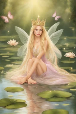 Frog sitting, Fairy Princess, long blonde hair,long golden hair, Fairy crown, Frog ,fairy, fairy wings, sparkle,waterlilies,flawless feet,flawless feet