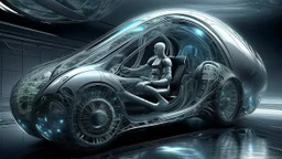 Coche futurista Gigeriano con interior uterino biomecánico, conductor fusionado al sistema del vehículo, superficies húmedas metálicas, tubos y canales orgánicos visibles, atmósfera claustrofóbica y biotecnológica