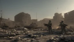 Israeli soldiers and tanks stand on a very large chessboard in the middle of a destroyed city