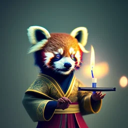 a cute litte red panda wearing Hanfu, holding a large candle, BK complex detail, cinema, reality, detail, octane rendering, stoic cinematic 4k epic detailed photograph shot on kodak detailed bokeh cinematic hbo dark moody 8k, 85mm f/16 by leica