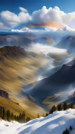 The most beautiful picture of AI, blue sky and white clouds, plateau landform, highland looking down, river, mountain, forest, volcano, rainbow, snow-capped mountain, 8K ultra-high resolution Modifiers: 美丽的 高细节 美妙的景色 高质量 高分辨率 高立体观感 超现实的 品质清脆