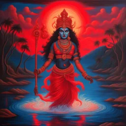 An oil painting of goddess Kali crossing a lake neon red colors