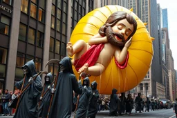 macys thanksgiving day parade style cartoonish giant baby jesus floating parade balloon pulled by multiple grim reapers, multi colored, bright, vivid, psychedelic, high detailed, high gloss, insanely detailed, matte, horrorcore, lining the street, unsettling contrast, monument to death, live action shot grim reaper parade, pulling a jesus parade float