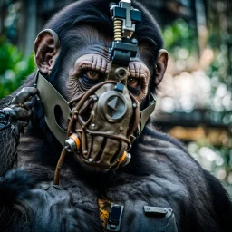 Cyborg, Ape, Primate, hominid, breathing device, respirator, solarpunk, Dystopian, Alberta, all-natural, in the style of candid, Fuji Film, Anamorphic lens