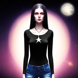 black long hair lady shirt with black eyes under the Stars