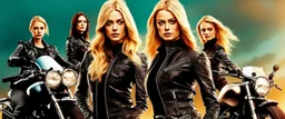 Poster for an action film called "The Motorbike Girls" starring Katherine McNamara, Margot Robbie and Georgia Henshaw wearing tight leather catsuits.