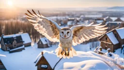 angel's view barn owl seen from the back from the top view flying over a winter small village, snowy landscape, little light, sunrise, some small Hungarian old country houses from above, perspective, high detailed, sharp focuses, photorealistic, cinematic