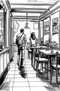 صورة مرسومة سوداء لملامح غير واضحة لشخصين يمشي في مقهى