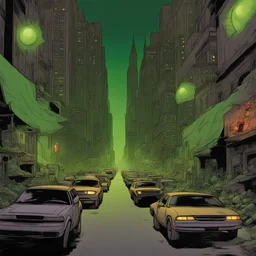 Cidade sendo dominada por uma luz verde brilhante, magia destrutiva, cores verdes, traço quadrinhos Marvel