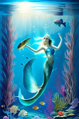 underwater scene, a mermaid, beautiful colors, fish, very fine detail, high quality, mystical, romanticism, intricate, oil painting, soft lighting, dream like,