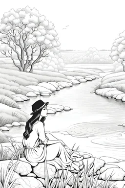 B/W outline art,coloring book page, full white, super detailed illustration for adult,cartoon style "The Serenity of the Countryside: A Beautiful Girl Sitting by the River" coloring pages, crisp line, line art, high resolution,cartoon style, smooth, law details, no shading, no fill, white background, clean line art,law background details, Sketch style, strong and clean outline, strong and black outline