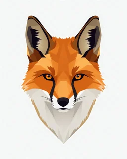 A smooth geometric low-poly style illustration of a fox's head, with straight looking uncut point of view, in white background