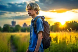 A detailed photo of a pretty fifteen year old boy wearing a backpack standing in a field with an abandoned city skyline in the background, shaggy blond hair, wearing short sleeves and shorts, sunset, tall grass, bright colours, baste landscape, cinematic photography, high resolution, high quality, highly detailed.