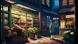 In the late afternoon, the third person perspective of the protagonist walking on the street, the old flower shop, night, cartoon style